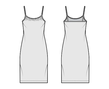 Chemise dress Sleepwear Pajama technical fashion illustration with knee length, lace, oversized, scoop neck cami, trapeze silhouette. Flat front back, grey color style. Women, men unisex CAD mockup