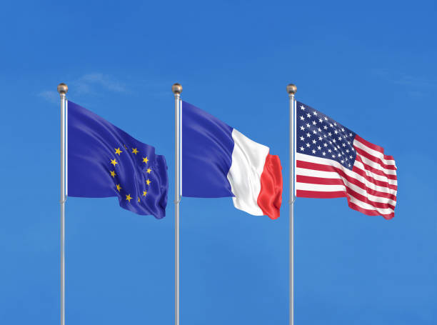 istock Three flags. USA (United States of America), EU (European Union) and France. 3D illustration. 1306327839