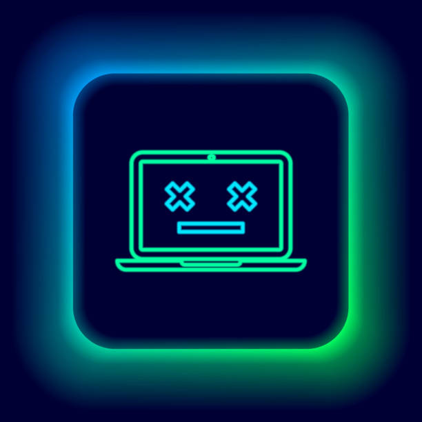 ilustrações de stock, clip art, desenhos animados e ícones de glowing neon line dead laptop icon isolated on black background. 404 error like laptop with dead emoji. fatal error in pc system. colorful outline concept. vector - fatal accident illustrations