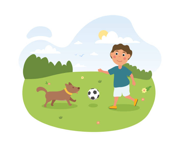 glücklich niedliche kleine kind spielen mit seinem hund - throwing sport football little boys stock-grafiken, -clipart, -cartoons und -symbole