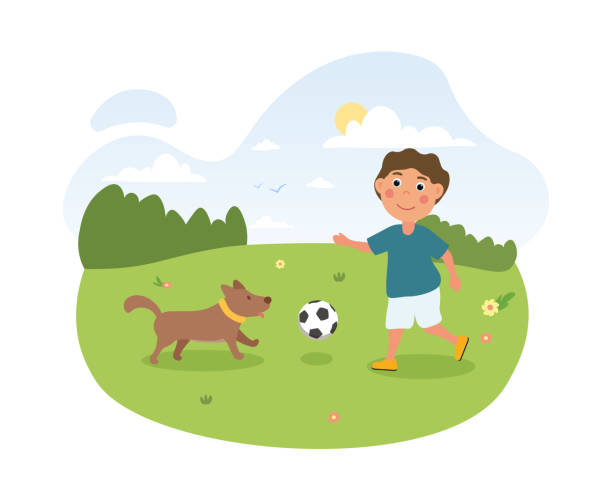 счастливый милый маленький ребенок, играющий со своей собакой - dog walking child little boys stock illustrations