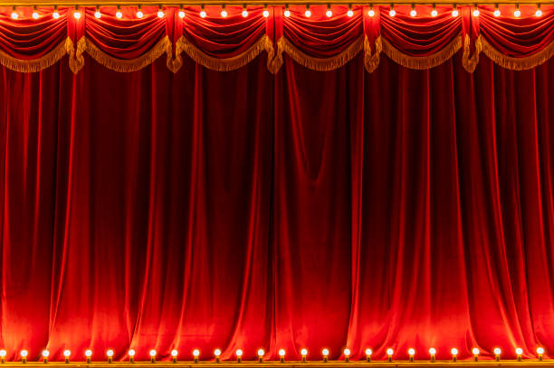 theater red curtain and neon lamp around border - circus imagens e fotografias de stock