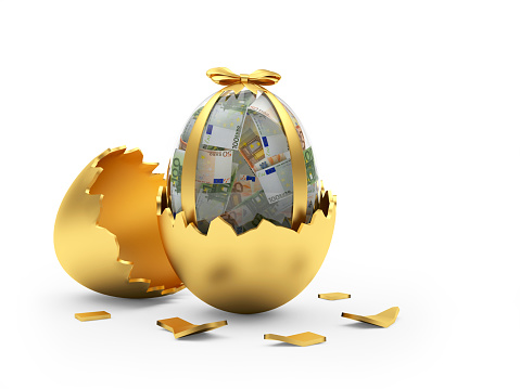 A transparent Easter egg filled with euro bills in a golden broken eggshell. 3d illustration