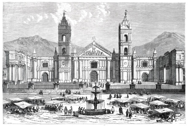 ilustrações de stock, clip art, desenhos animados e ícones de the basilica cathedral of arequipa peru 1862 - 1862