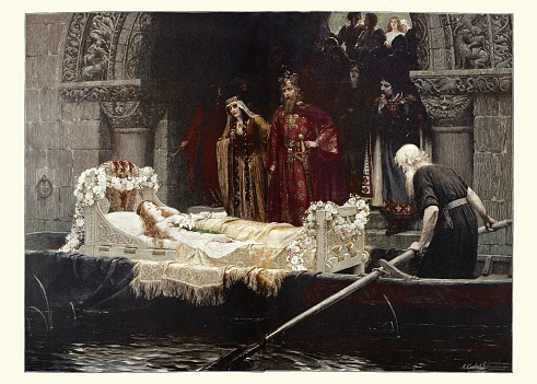 Vintage illustration of King Arthur and Guinevere before body of Elaine of Astolat,  Arthurian legend, The Lady of Shalott, Victorian 19th Century, after the painting by Edmund Blair Leighton