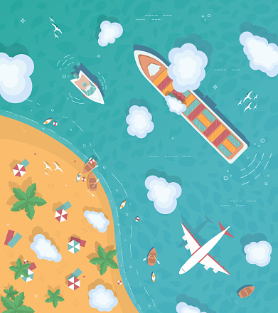 Flat style. Top view. The plane is flying over the ocean. Summertime - sea, sand, umbrellas, palm, surfing.