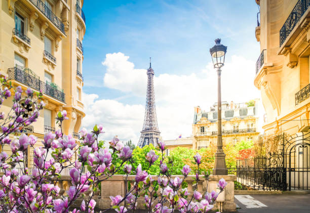 эйфелева экскурсия и парижская улица - париж франция стоковые фото и изображения