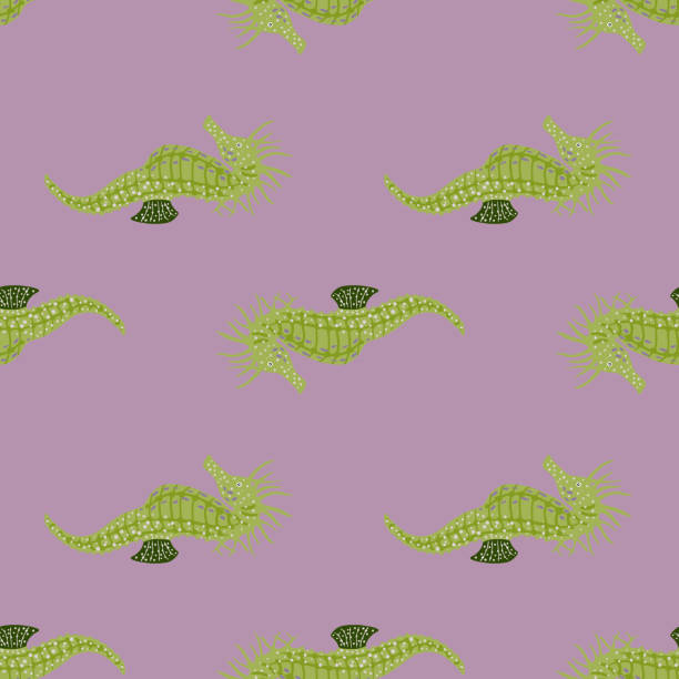 istock Green colored seahorse doodle ornament seamless pattern. Purple pastel background. Animal aquatic print. 1306333865
