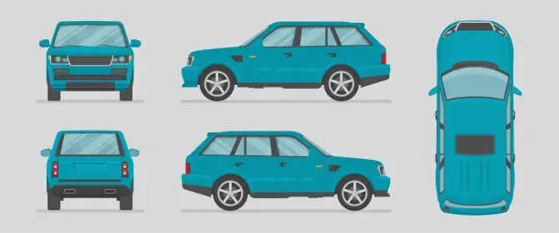 Vector illustration of Vector SUV. Side view, front view, back view, top view.