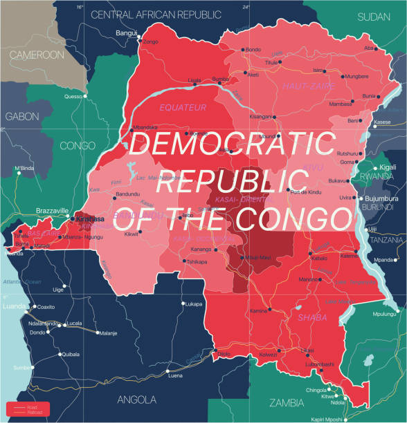 Democratic Republic of Congo country detailed editable map Democratic Republic of Congo country detailed editable map with regions cities and towns, roads and railways, geographic sites. Vector EPS-10 file kinshasa stock illustrations