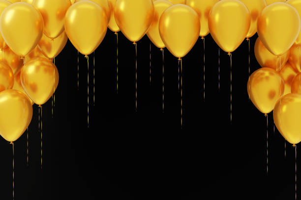 istock Flying yellow balloons on black background. 1306334624