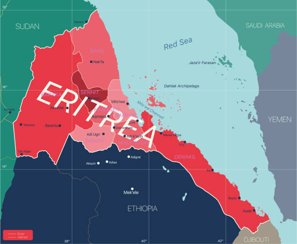 Eritrea country detailed editable map Eritrea country detailed editable map with regions cities and towns, roads and railways, geographic sites. Vector EPS-10 file silhouette of a eritrea stock illustrations