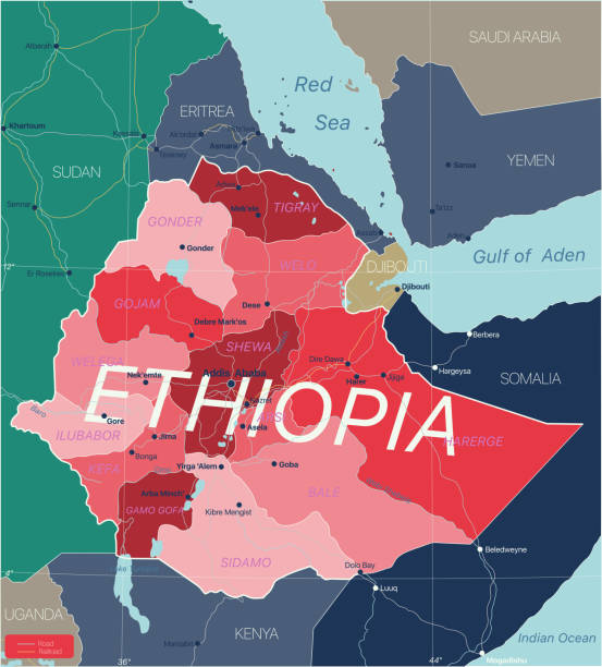 Ethiopia country detailed editable map Ethiopia country detailed editable map with regions cities and towns, roads and railways, geographic sites. Vector EPS-10 file silhouette of a eritrea stock illustrations