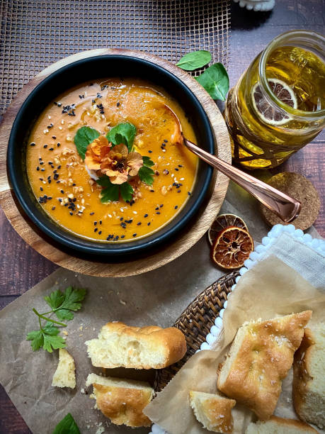 istock Orange soup with focaccia 1306334904