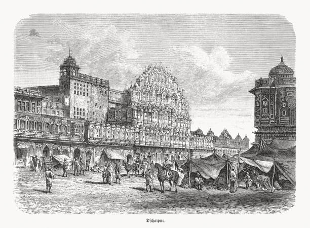 Hawa Mahal and Principal Street, Jaipur, India, woodcut, published 1893 Historical view of Hawa Mahal and the Principal Street in Jaipur, Rajasthan, India. Built by Maharaja Sawai Pratap in 1799. Wood engraving, published in 1893. maharadja stock illustrations