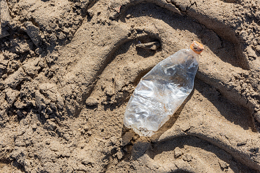 Old empty plastic bottle above the tractor tire trail on the beach. Environmental pollution.