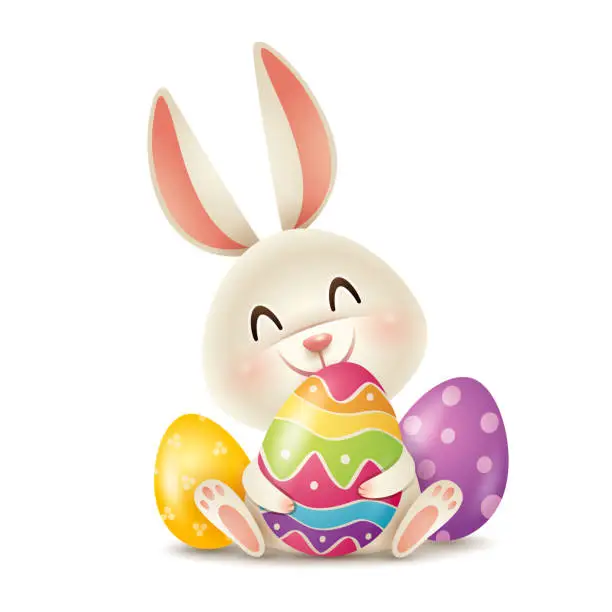 Vector illustration of Easter bunny and Easter painted eggs. Isolated.