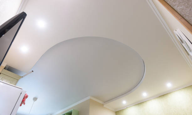 istock Two-level suspended ceiling, the lower level is made of plasterboard, the upper level is stretched from polyvinyl chloride 1306337168