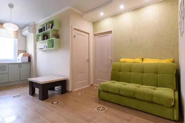 Interior of a living room combined with a kitchen in a two-room apartment