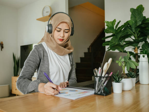 istock Muslim woman working at home. 1306338047