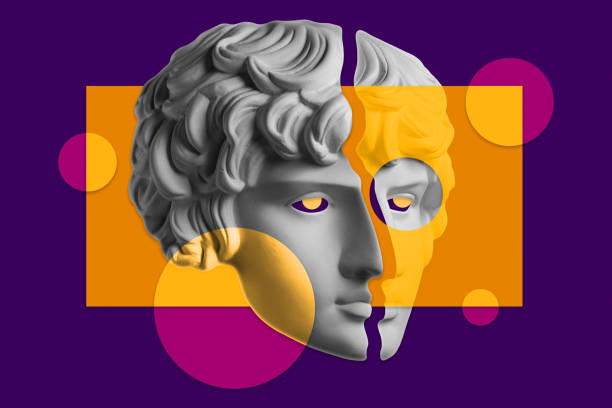 istock Collage with sculpture of human face in a pop art style. Modern creative concept image with ancient statue head. Zine culture. Contemporary art poster. Funky punk minimalism. Retro surreal design. 1306338357
