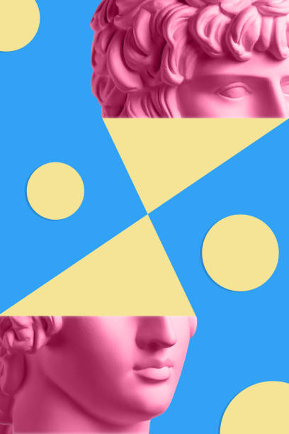 istock Collage with sculpture of human face in a pop art style. Modern creative concept image with ancient statue head. Zine culture. Contemporary art poster. Funky punk minimalism. Retro surreal design. 1306338366