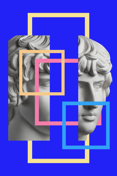 istock Collage with sculpture of human face in a pop art style. Modern creative concept image with ancient statue head. Zine culture. Contemporary art poster. Funky punk minimalism. Retro surreal design. 1306338378