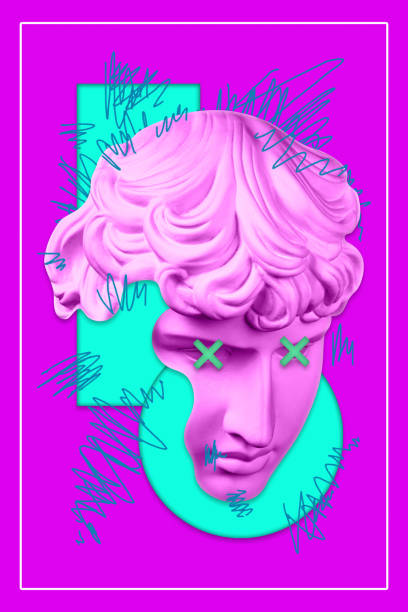 istock Collage with plaster antique sculpture of human face in a pop art style. Modern creative concept image with ancient statue head. Zine culture. Contemporary art poster. Funky minimalism. Retro design. 1306338380