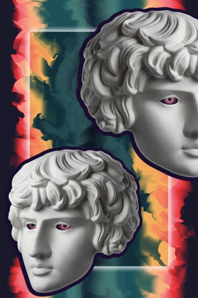 istock Collage with sculpture of human face in a pop art style. Modern creative concept image with ancient statue head. Zine culture. Contemporary art poster. Funky punk minimalism. Retro surreal design. 1306338393