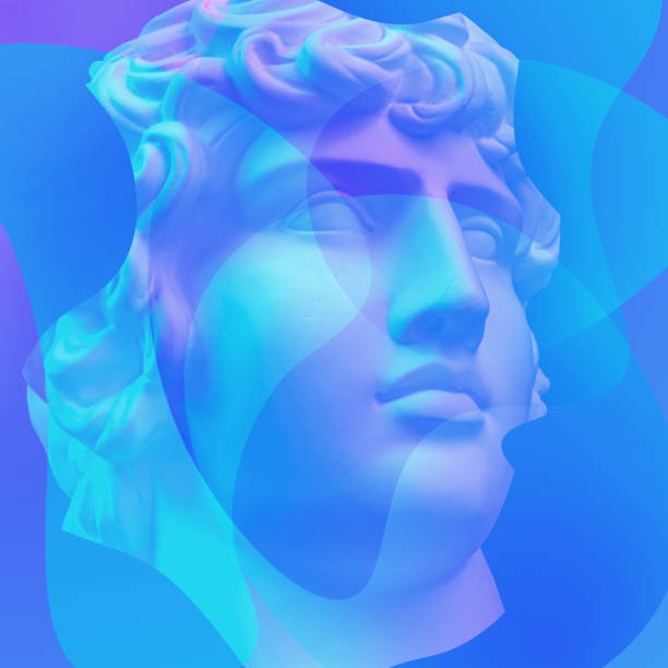 istock Collage with plaster antique sculpture of human face in a pop art style. Creative concept image with ancient statue head in pastel colors. Zine culture. Contemporary art style poster. Apollo bust. 1306338439