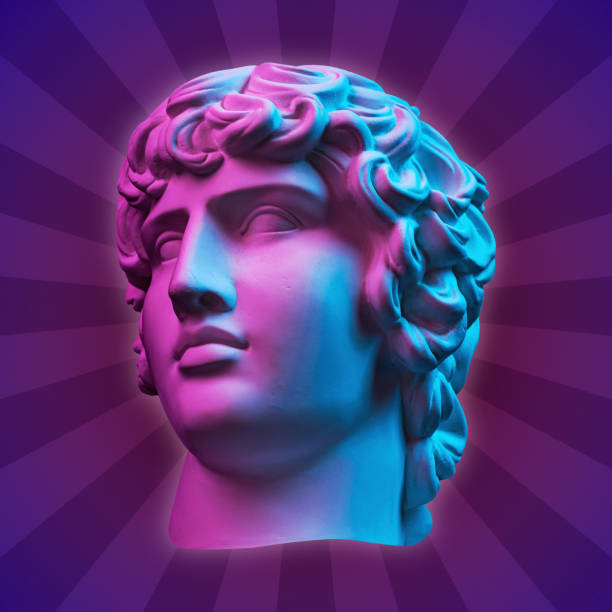 istock Collage with plaster antique sculpture of human face in a pop art style. Creative concept image with ancient statue head in pastel colors. Zine culture. Contemporary art style poster. Antinous bust. 1306338464