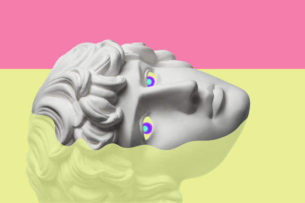 istock Collage with sculpture of human face in a pop art style. Modern creative concept image with ancient statue head. Zine culture. Contemporary art poster. Funky punk minimalism. Retro surreal design. 1306339457
