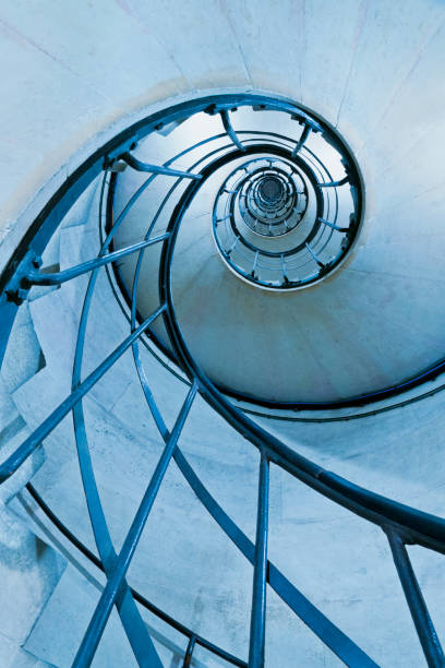 Spiral stairs Old-fashioned spiral stairs in Arc de Triomphe in Paris – France  . Blue filter and low angle shot. arch architectural feature stock pictures, royalty-free photos & images