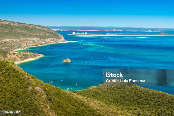 Beautiful Landscape Of The Arrábida Natural Park In Portugal With The Mountains Beaches Blue Sea And In The Background The Troia Peninsula On A Sunny Day In Summer Stock Photo - Download Image Now