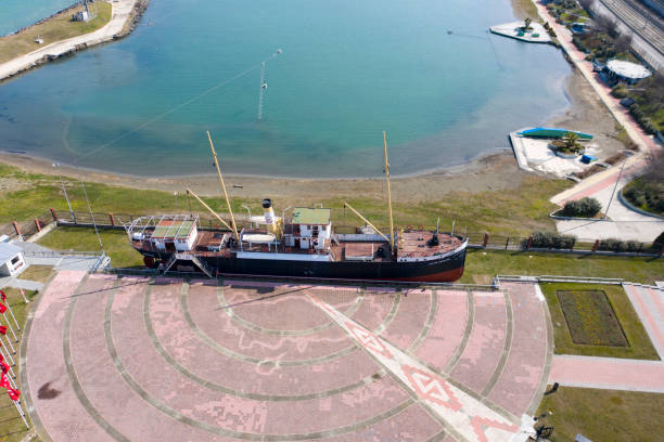 Aerial view of Bandirma Ferry in Canik, Samsun, Turkey. Canik, Samsun / Turkey - 04 March 2021: Monument of the first step of the national liberation struggle in Bandirma Ferry and National Struggle Park Open Air Museum in a clear day. Aerial view. 1910 1919 photos stock pictures, royalty-free photos & images