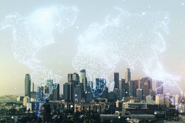 istock Abstract creative digital world map on Los Angeles cityscape background, globalization concept. Multiexposure 1306342025