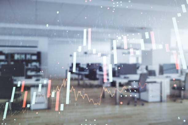 Abstract virtual financial graph hologram on a modern furnished office background, forex and investment concept. Multiexposure