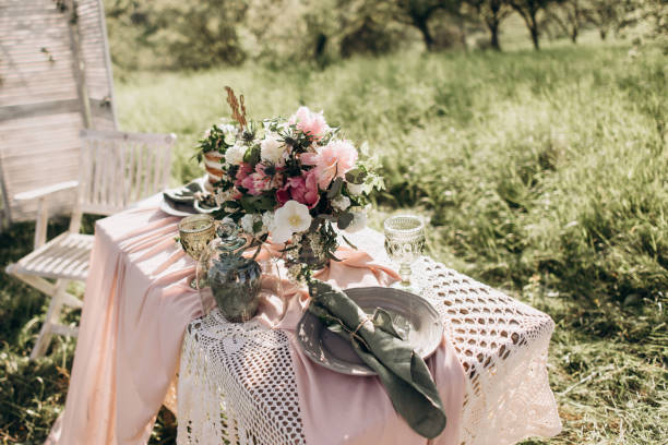 istock beautiful wedding festive table for two in the summer garden 1306342972