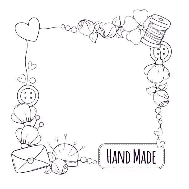 Vector illustration of Square banner template for hand made, knitting, sewing. Frame with sewing and knitting attributes in doodle style