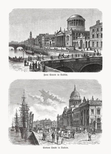 ilustrações, clipart, desenhos animados e ícones de vistas históricas de dublin, irlanda, gravuras de madeira, publicadas em 1893 - dublin ireland custom house famous place republic of ireland