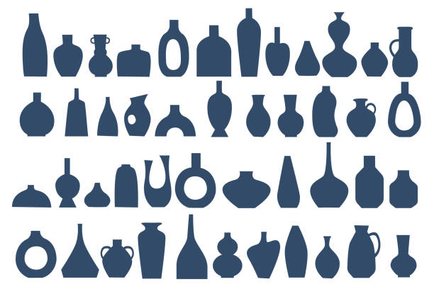 hand gezeichnet stilisierte keramik vase set. silhouetten von monochromen blumenvasen, steingut krüge. - pottery stock-grafiken, -clipart, -cartoons und -symbole