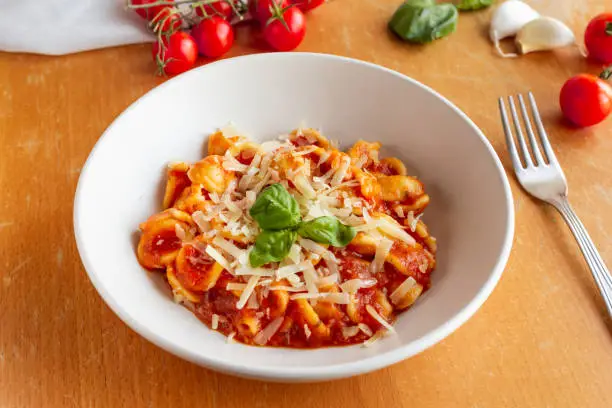 orecchiette pasta with tomato sauce, parmesean and basil