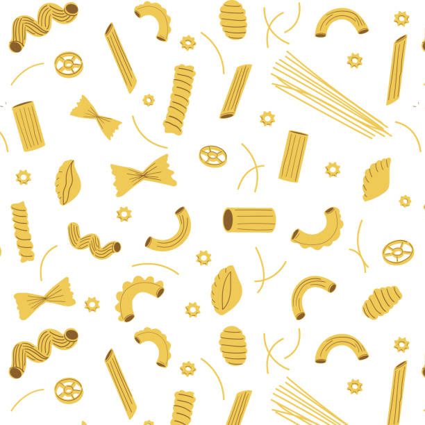 illustrazioni stock, clip art, cartoni animati e icone di tendenza di motivo di pasta. texture senza cuciture di maccheroni tradizionali italiani, diversi tipi fatti in casa di spaghetti crudi. decoro tessile, carta da imballaggio carta da parati stampa vettoriale o tessuto su sfondo bianco - spaghetti crudi