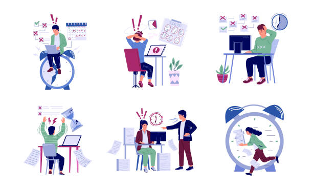Deadline. Ineffective workflow concept. Cartoon men and women can t finish tasks by time. Stressed employees hard working overtime. Manager screaming at workers. Vector office scenes set Deadline. Ineffective workflow concept. Cartoon busy men and women can t finish tasks by time. Stressed employees hard working overtime. Angry manager screaming at workers. Vector office scenes set managing stress stock illustrations
