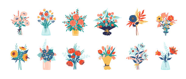 Flower bouquet. Bunch of plants in vase and glass bottle collection, cartoon blooming peony and meadow greenery, decorative foliage. Vector isolated garden flowers decoration set Flower bouquet. Bunch of plants in vase and glass bottle collection, cartoon blooming peony and colorful meadow greenery, decorative foliage. Vector isolated garden flowers botanical decoration set bouquet stock illustrations