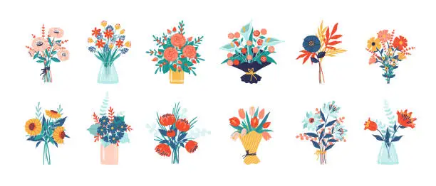 Vector illustration of Flower bouquet. Bunch of plants in vase and glass bottle collection, cartoon blooming peony and meadow greenery, decorative foliage. Vector isolated garden flowers decoration set