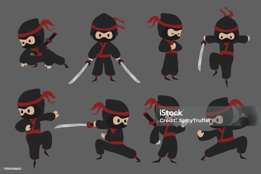 Vetores de Ninja Bonito Desenho Animado Guerreiro Japonês Com Espada Em  Diferentes Poses Assassino De Camuflagem Preta Ataca Com Katana Ou Joga  Shuriken Lutador Asiático Discreto Assassinos De Vetores Definidos e mais
