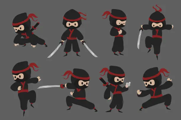 Vector illustration of Cute ninja. Cartoon Japanese warrior with sword in different poses. Assassin in black camouflage suit attacks with katana or throws shuriken. Inconspicuous Asian fighter, vector killers set