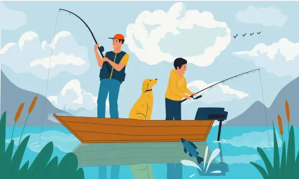 Vector illustration of Family fishing. Father and son catching fish with rods from boat on lake. Summer hobby and outdoor leisure activity. Scenic view of water and mountains. Vector fisherman illustration