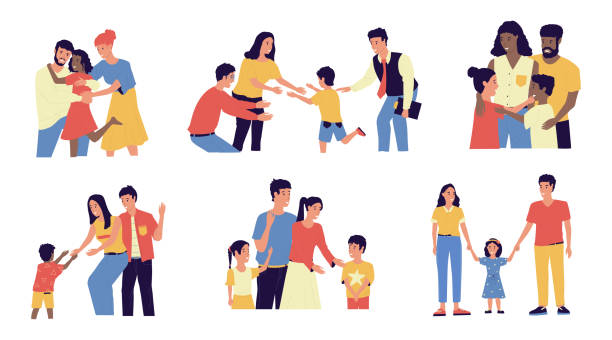 Adoption. Cartoon couple adopt happy international kids. Scenes of cheerful foster parents. Caring for orphan. Mother and father hugging children. Vector multiracial families illustration Adoption. Cartoon young couple adopt happy international kids. Cute scenes of cheerful foster parents. Caring for orphan. Mother and father hugging children. Vector multiracial families illustration diverse family stock illustrations